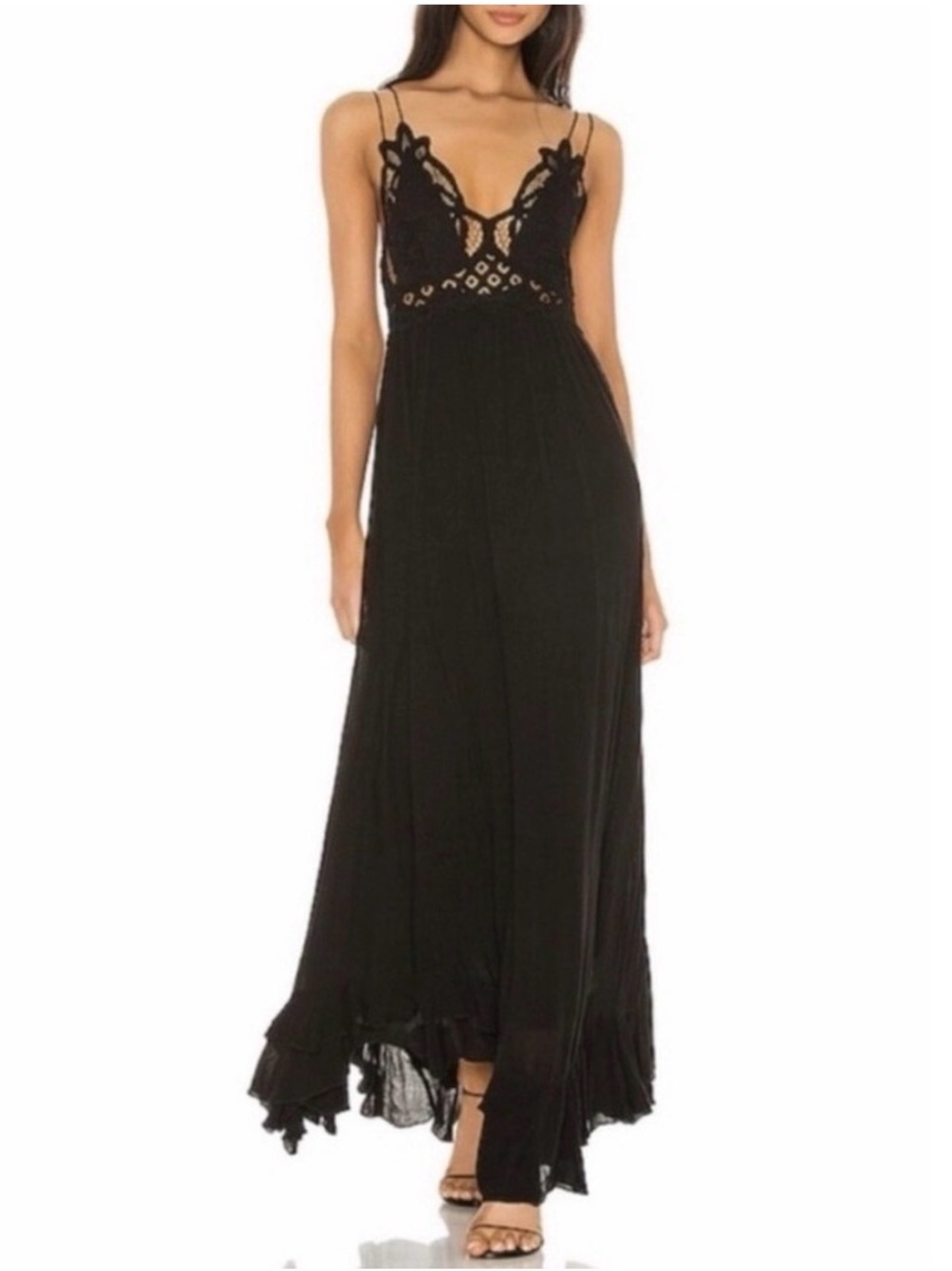 FREE PEOPLE "Adella" Maxi Slip Dress With Lace Top, Black, Size S, NWOT